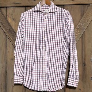 Peter Millar Long Sleeve Button Down Pink/White Check Striped Shirt L Preppy